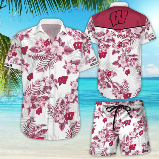 Darktreedesigns Wisconsin Badgers Hawaiian Aloha Shirt Hawaiian Shorts Beach Short Sleeve