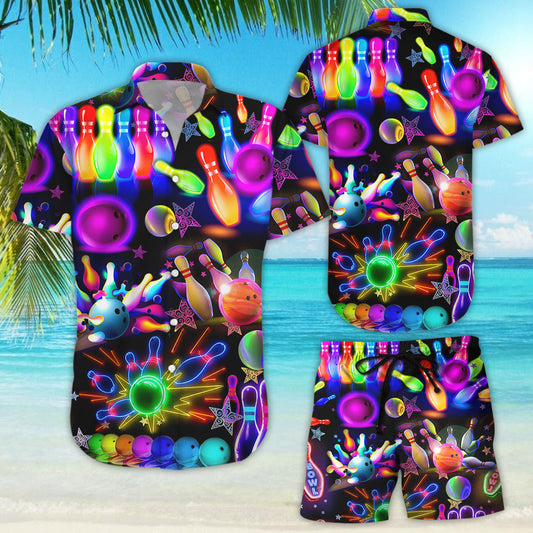 Darktreedesigns Bowling Shirt Retro - Colourful Bowling 3D Neon Light Casual Button Down Shirt - Bowling Gift Ideas Men