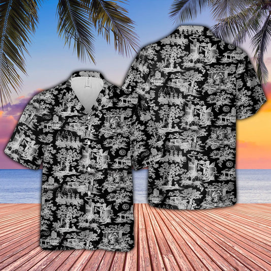 Darktreedesigns B&W Haunted Mansion Hawaiian Aloha Shirts